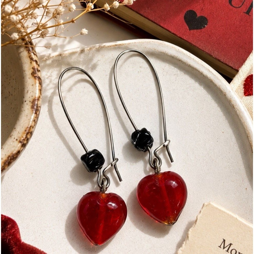Vintage Mid Century Red Glass Heart Dangle Earrings MCM Artisan Kidney Wire